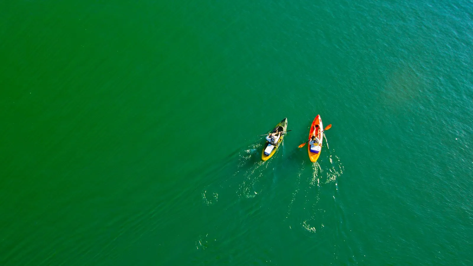 Two colorful kayaks paddle across a vibrant lake in Paulicéia, Brazil, captured from above.